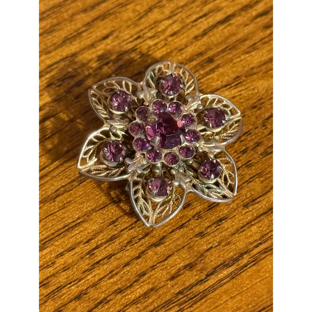 Vintage Silver Tone Purple Rhinestone Filigree Flower Brooch Pin Tiered Floral